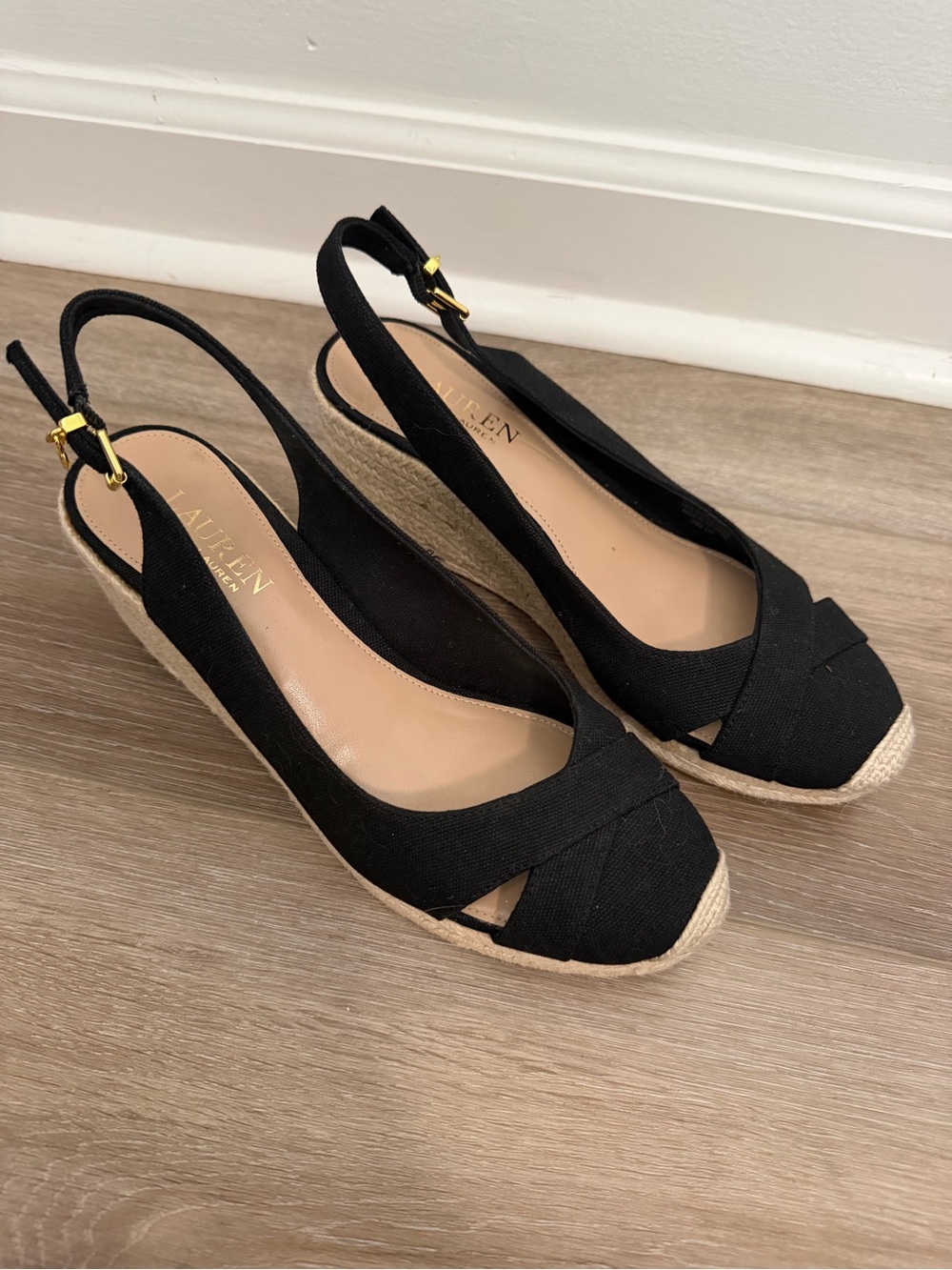 Ralph Lauren Black Canvas Espadrille Wedge Slingback Sandals
